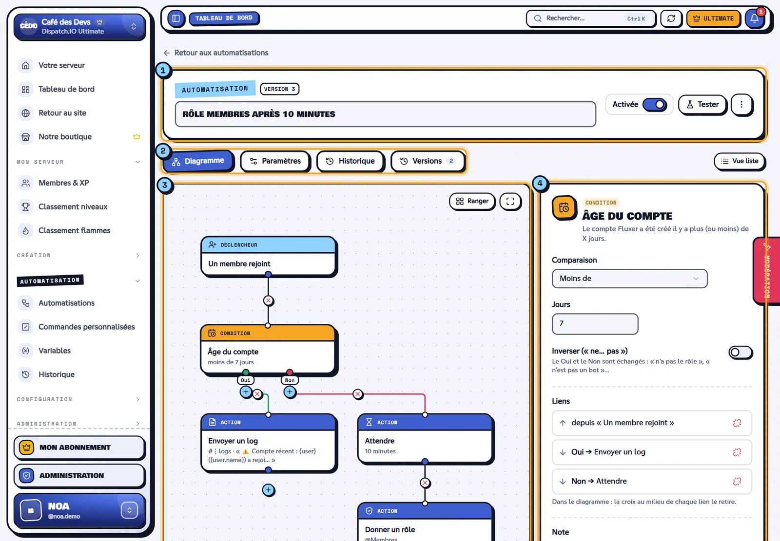 Éditeur d'automatisation en diagramme, un bloc sélectionné