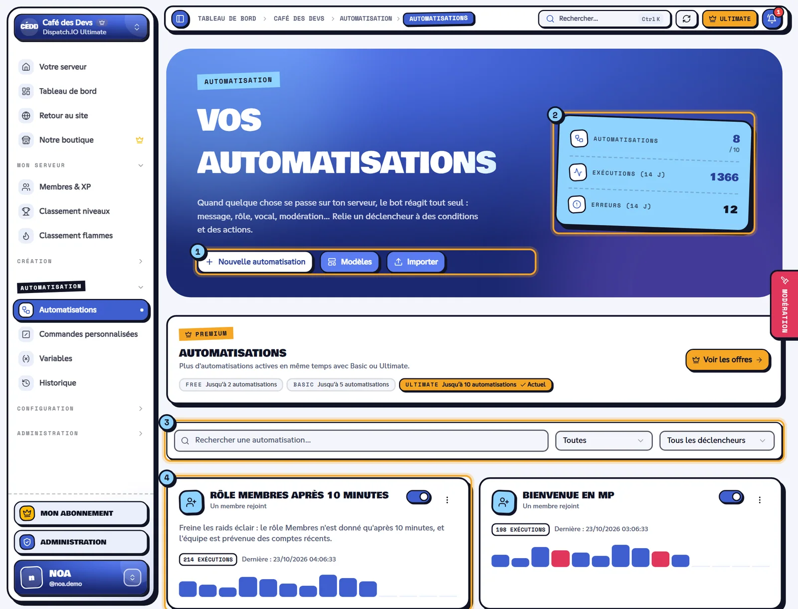 La page Automatisations. Liste des automatisations du serveur Café des Devs