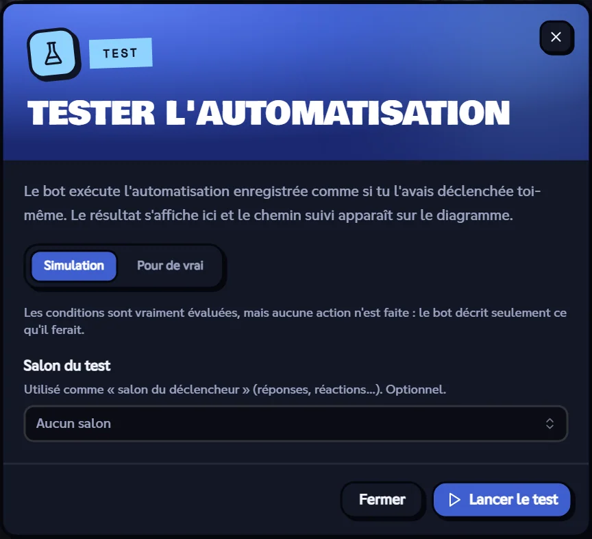 Fenêtre de test d'une automatisation