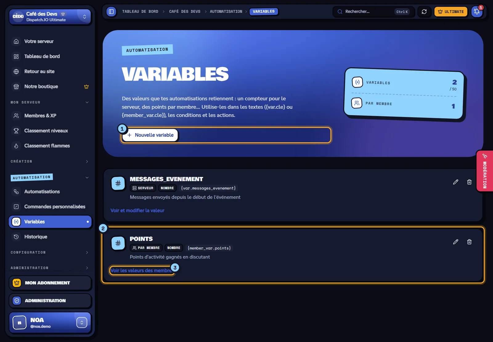La page Variables. Page Variables avec une variable de points par membre
