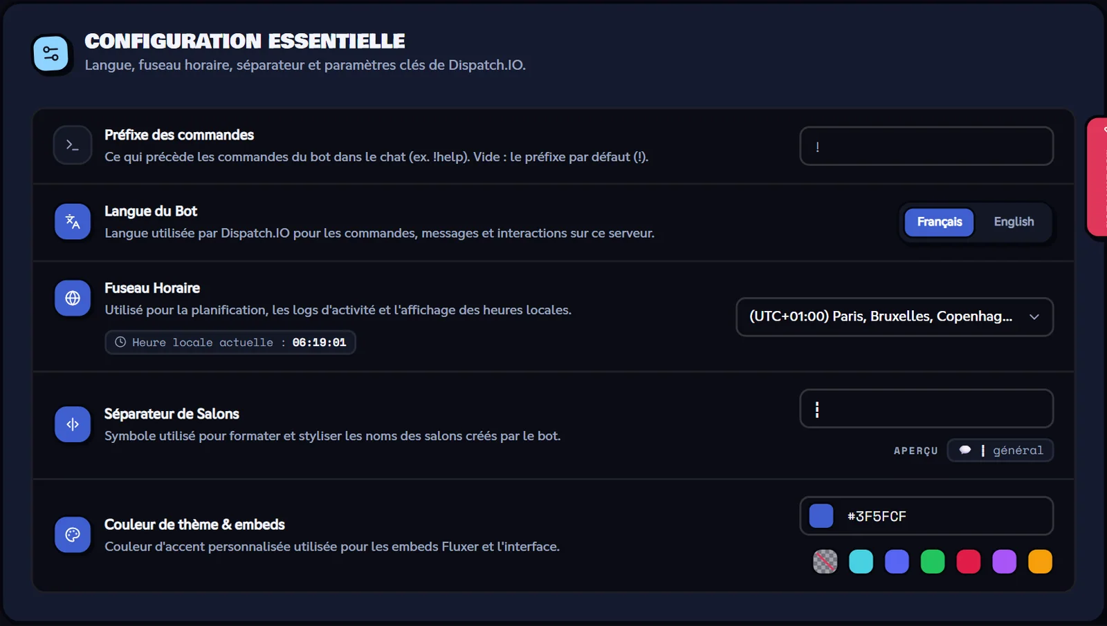 Page Configuration de base du tableau de bord