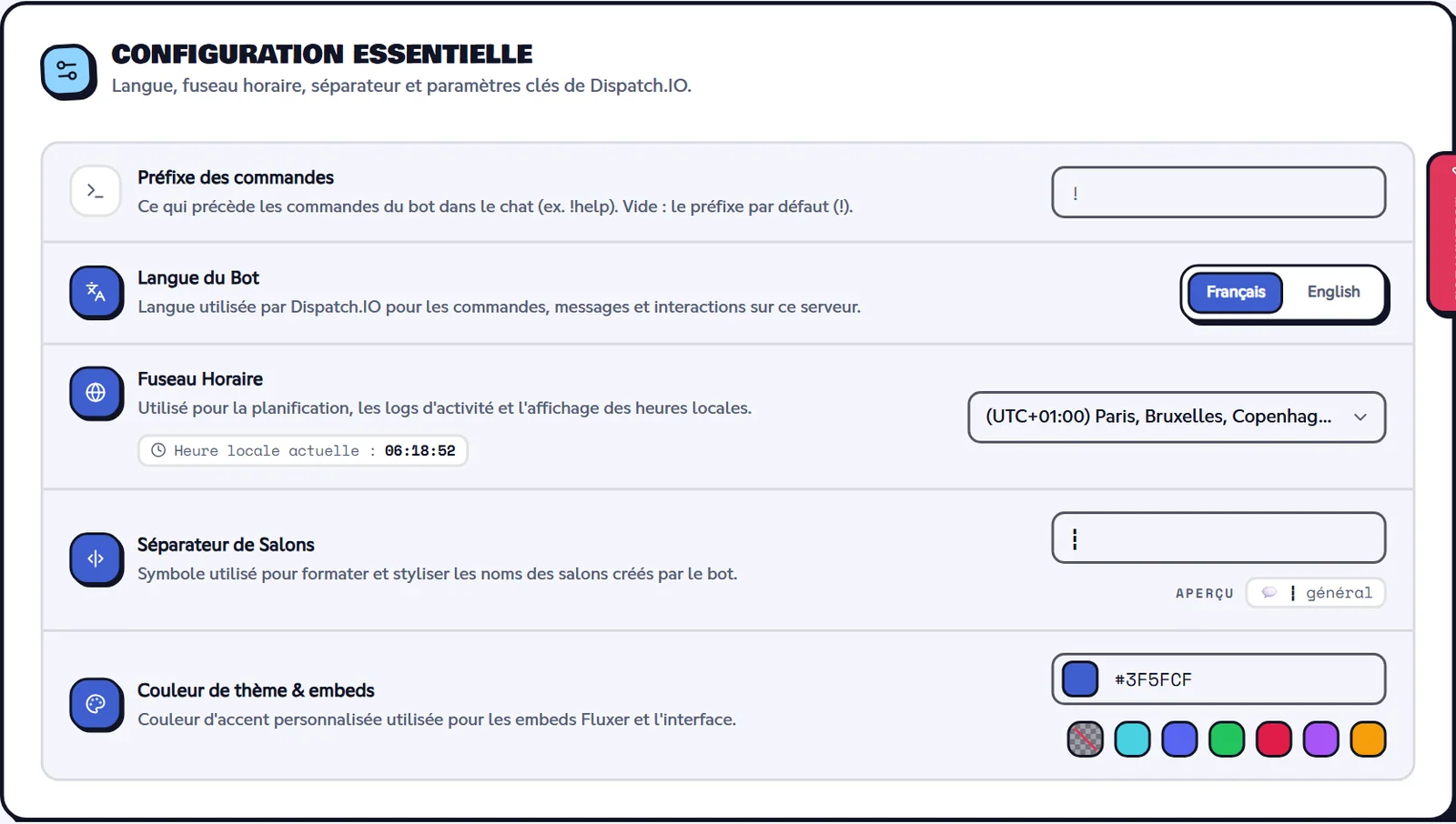 Page Configuration de base du tableau de bord