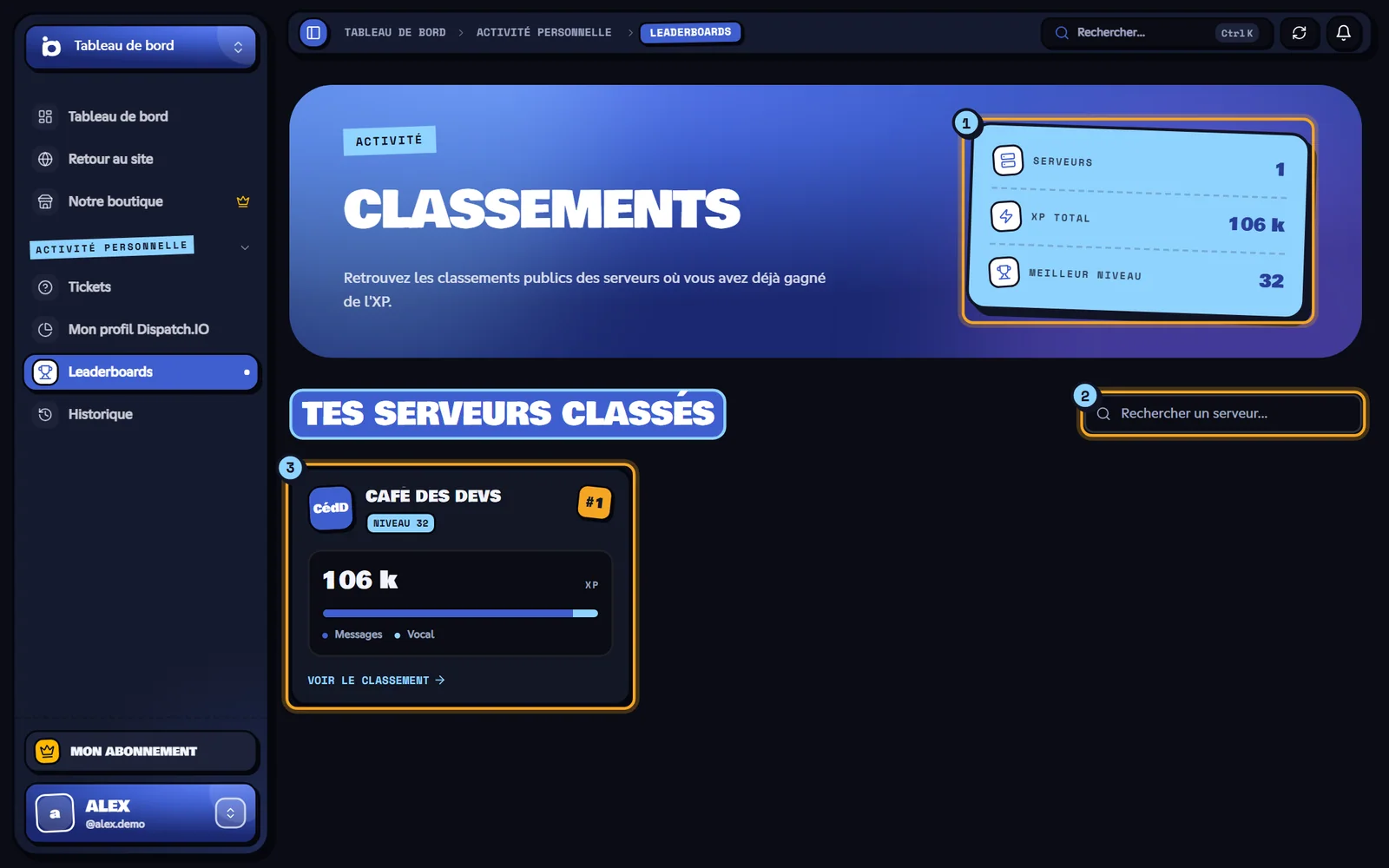 Page Classements avec les compteurs et les cartes de serveurs