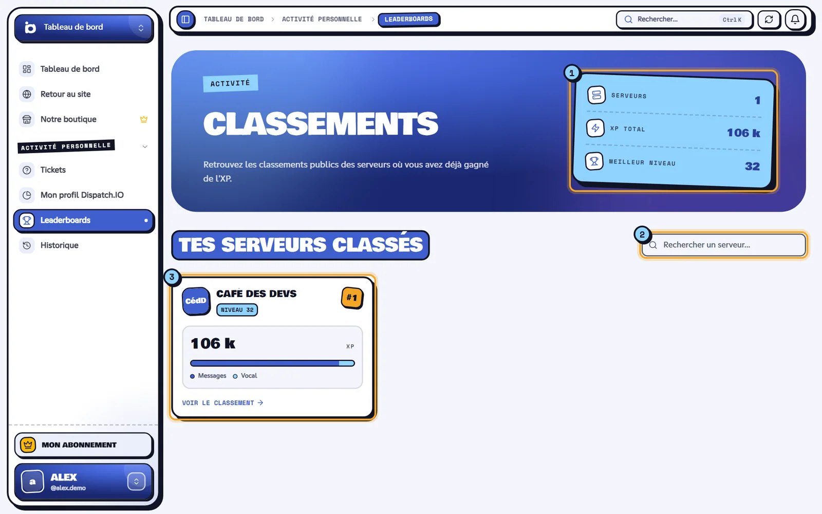 Page Classements avec les compteurs et les cartes de serveurs