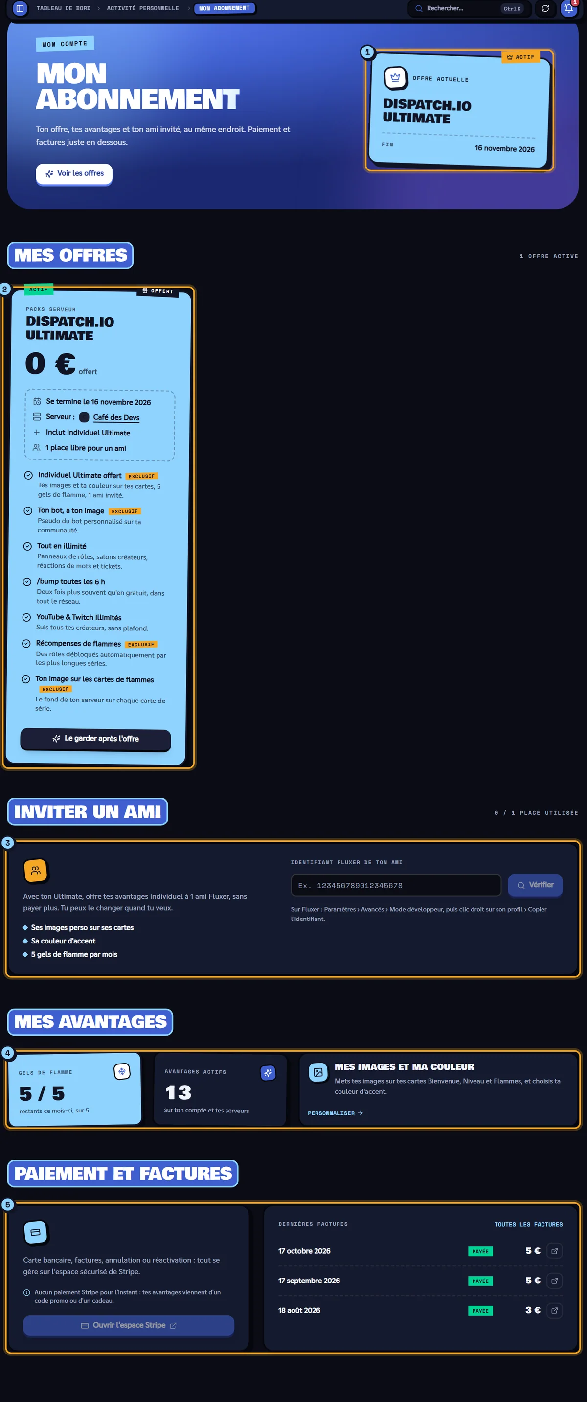 Page Mon abonnement avec l'offre actuelle, les offres, l'ami invité, les avantages et les factures