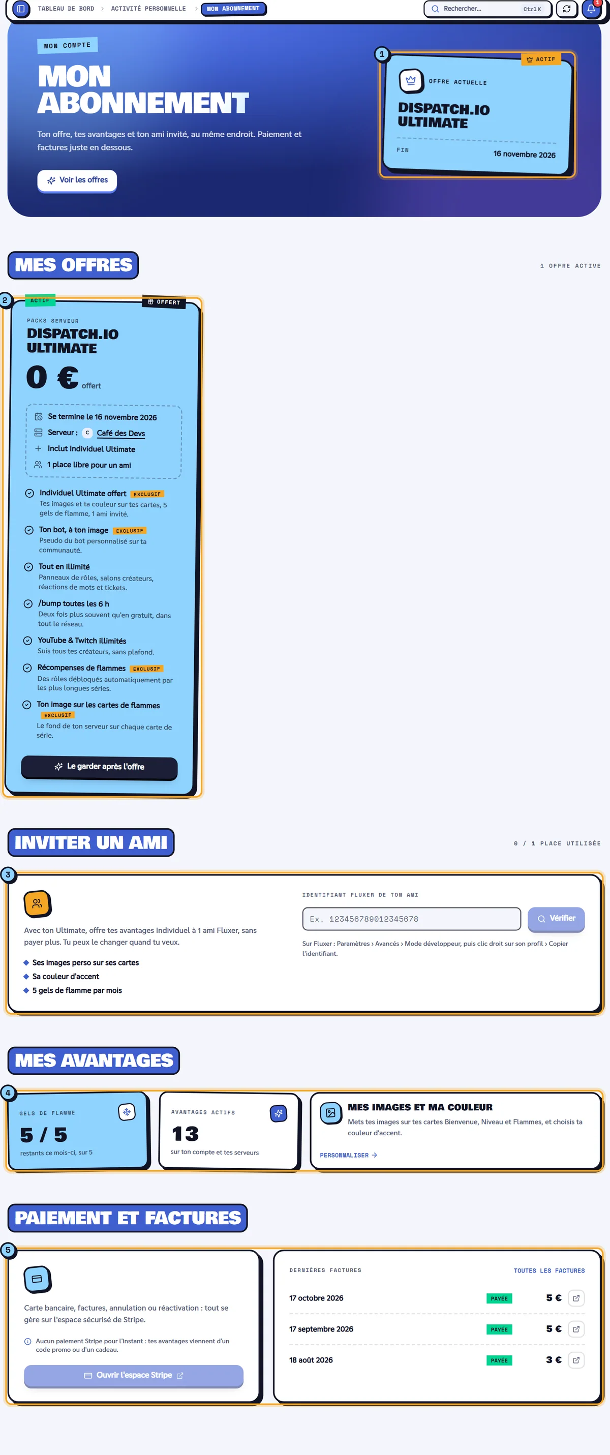Page Mon abonnement avec l'offre actuelle, les offres, l'ami invité, les avantages et les factures