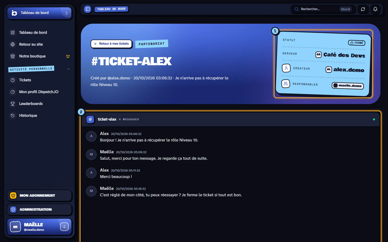 Page d'un ticket archivé avec ses informations et son transcript