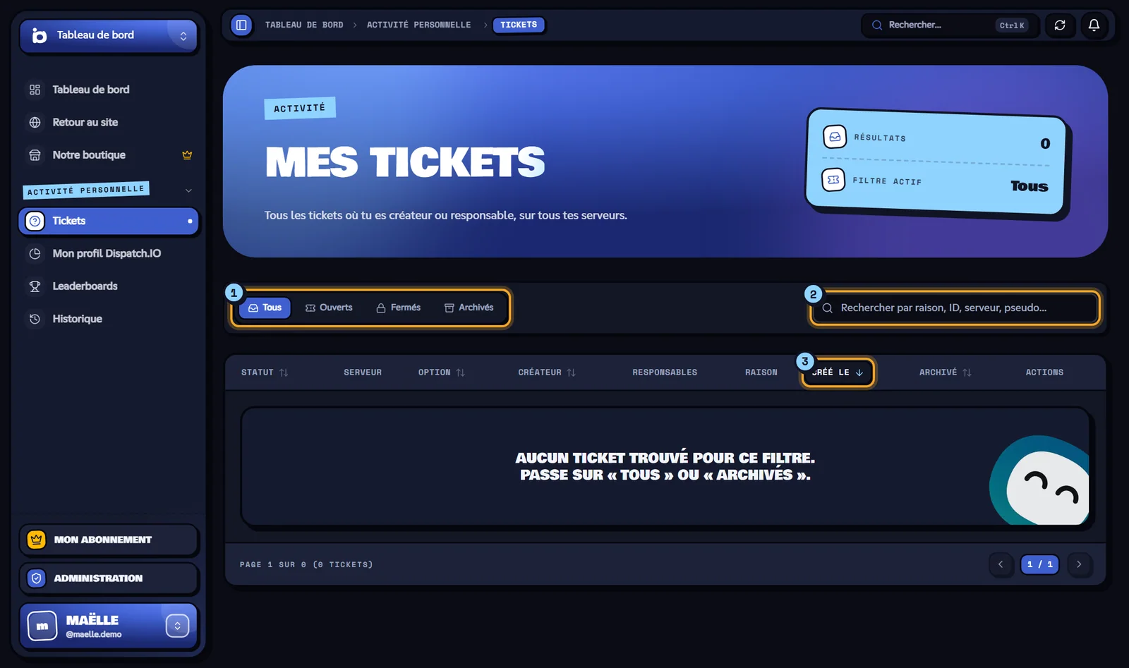Liste Mes tickets avec les filtres, la recherche et le tableau
