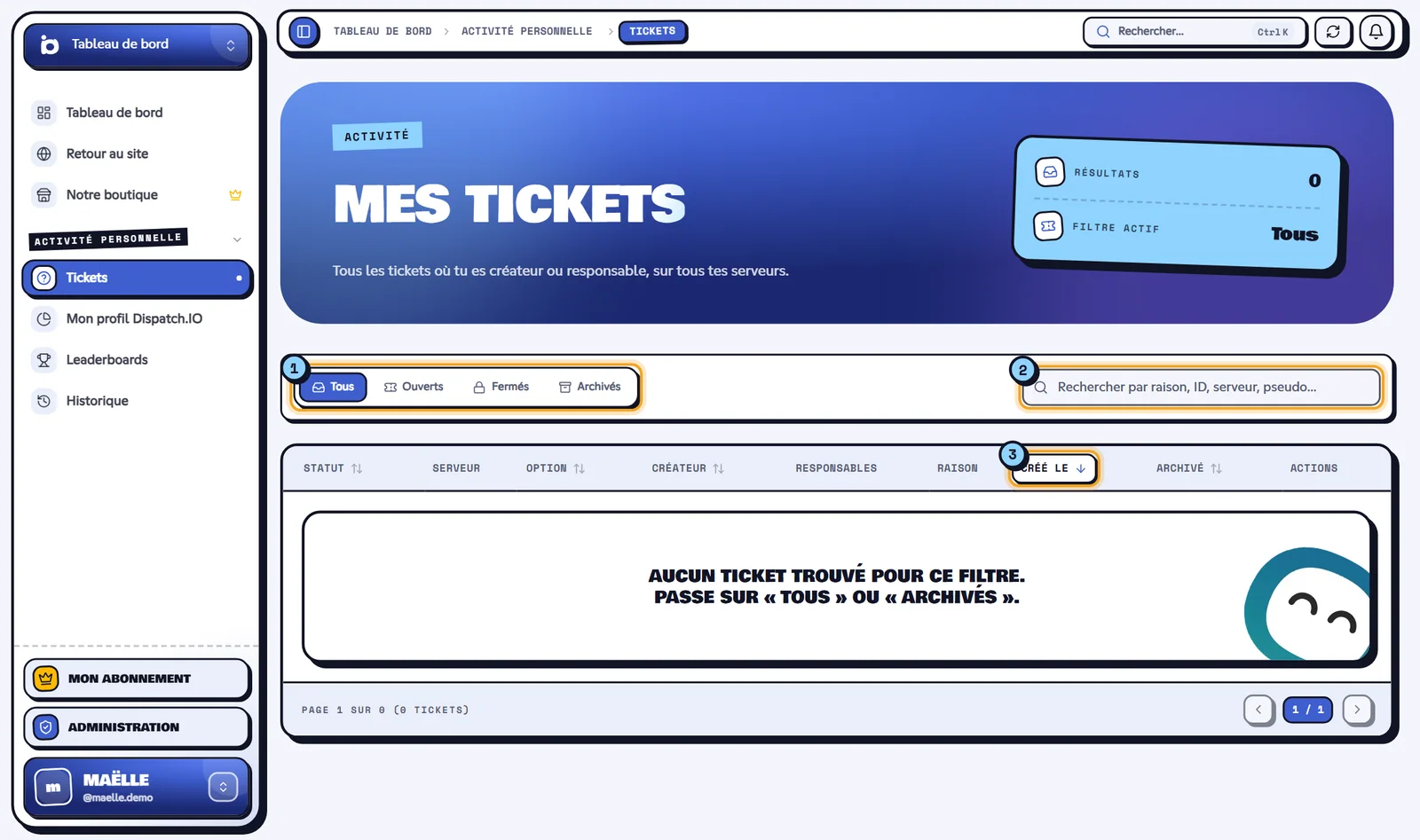 Liste Mes tickets avec les filtres, la recherche et le tableau