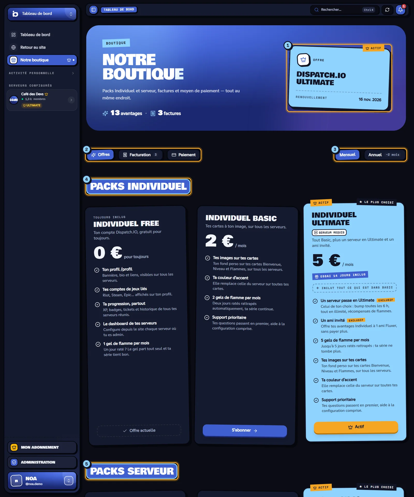 La boutique : ton offre actuelle (1), les onglets (2), le choix Mensuel ou Annuel (3), les Packs Individuel (4) et les Packs serveur (5). Page Notre boutique avec l'offre actuelle, les onglets et les packs