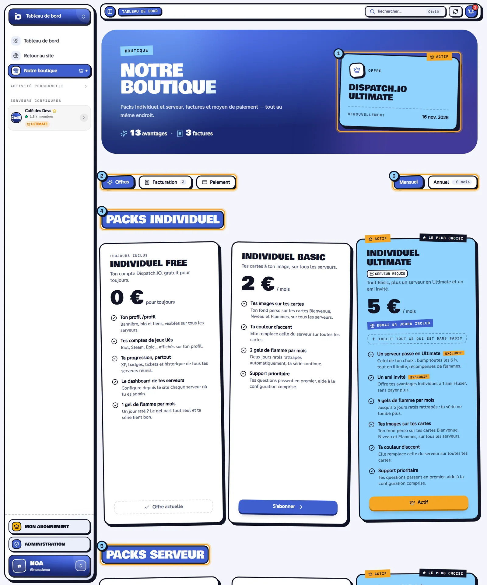 La boutique : ton offre actuelle (1), les onglets (2), le choix Mensuel ou Annuel (3), les Packs Individuel (4) et les Packs serveur (5). Page Notre boutique avec l'offre actuelle, les onglets et les packs