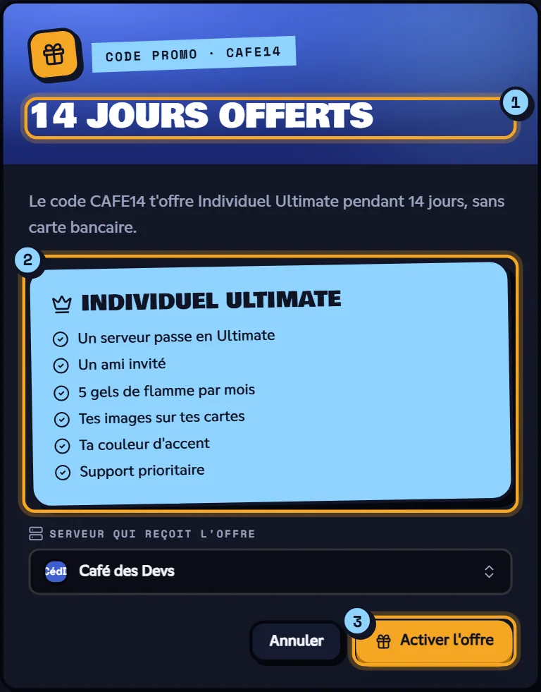 La fenêtre d'un code de jours offerts : le nombre de jours (1), l'offre et ses avantages (2), et le bouton Activer l'offre (3). Fenêtre d'un code promo de jours offerts prêt à être activé