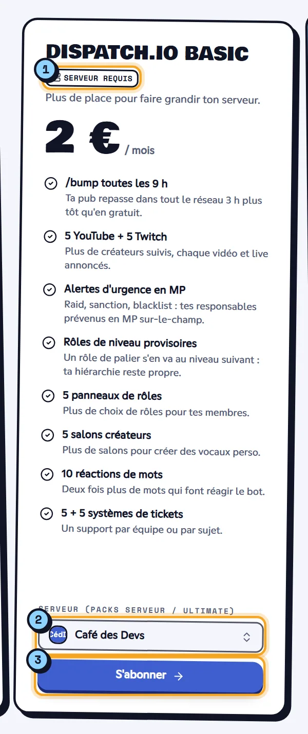 Une offre serveur : le badge Serveur requis (1), le choix du serveur (2) et le bouton S'abonner (3). Carte de l'offre Dispatch.IO Basic avec le choix du serveur