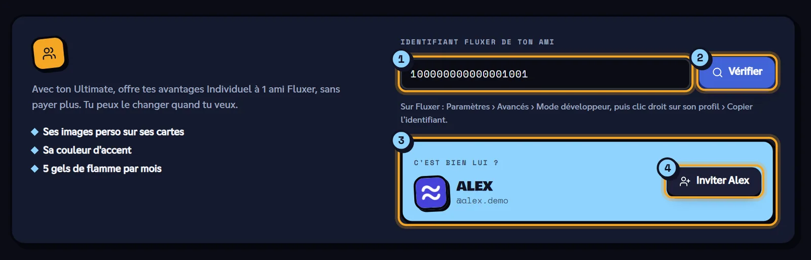 Inviter un ami : l'identifiant (1), le bouton Vérifier (2), la confirmation du profil (3) et le bouton Inviter (4). Carte Inviter un ami avec la confirmation du profil d'Alex