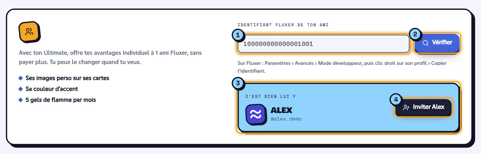 Inviter un ami : l'identifiant (1), le bouton Vérifier (2), la confirmation du profil (3) et le bouton Inviter (4). Carte Inviter un ami avec la confirmation du profil d'Alex