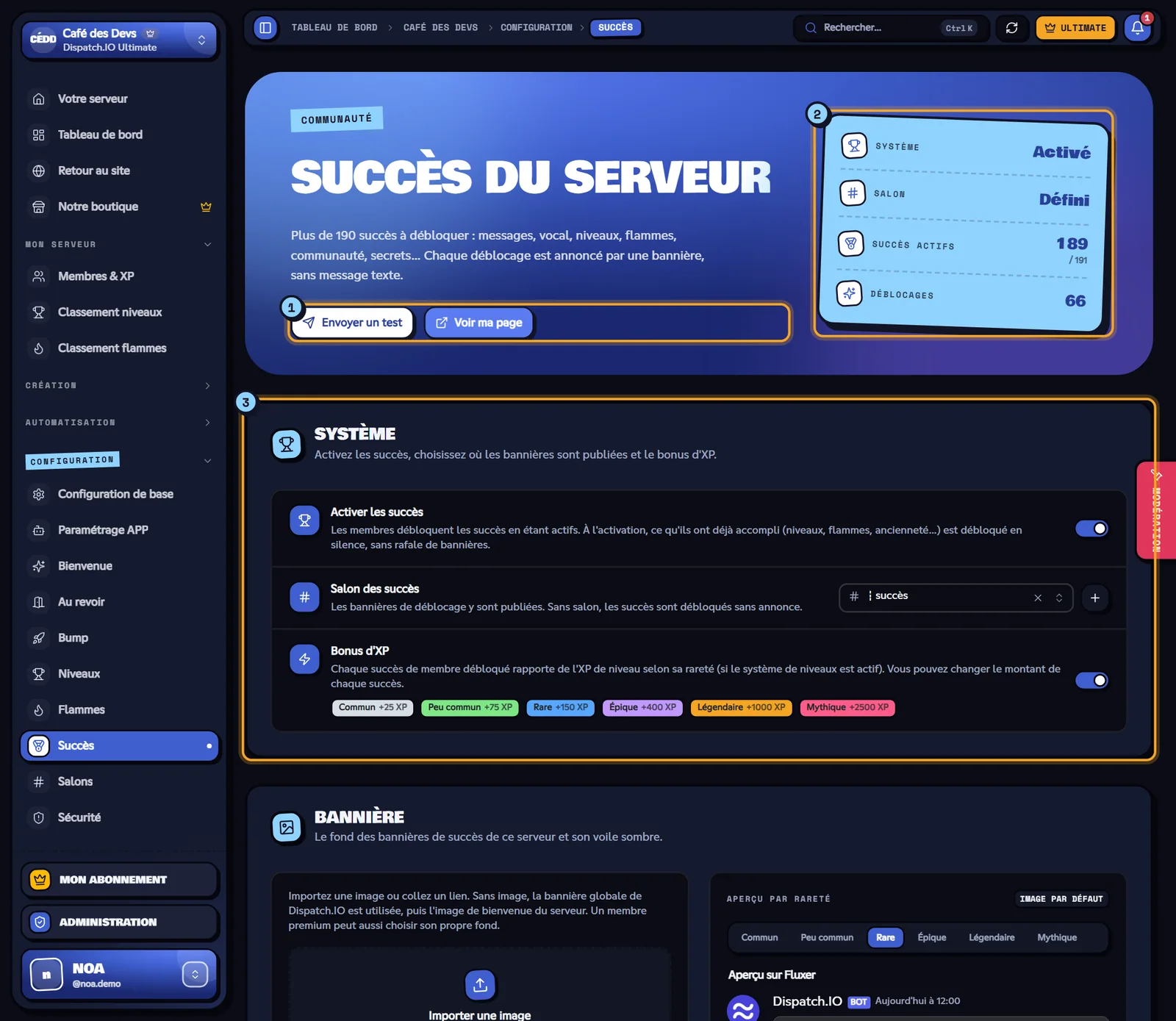La page Succès du serveur Café des Devs. Page Succès du serveur avec les boutons, les indicateurs et le bloc Système