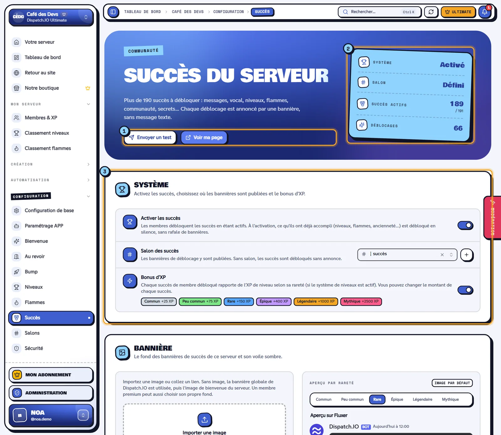 La page Succès du serveur Café des Devs. Page Succès du serveur avec les boutons, les indicateurs et le bloc Système
