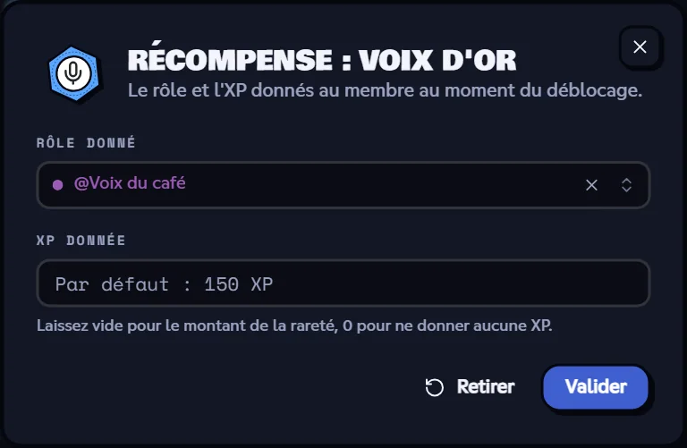 La récompense de « Voix d'or » : le rôle Voix du café. Fenêtre Récompense avec le rôle donné et l'XP donnée
