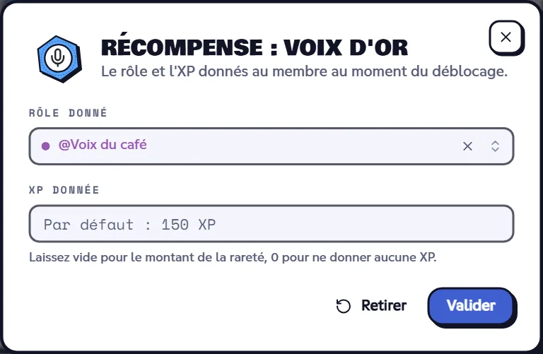 La récompense de « Voix d'or » : le rôle Voix du café. Fenêtre Récompense avec le rôle donné et l'XP donnée
