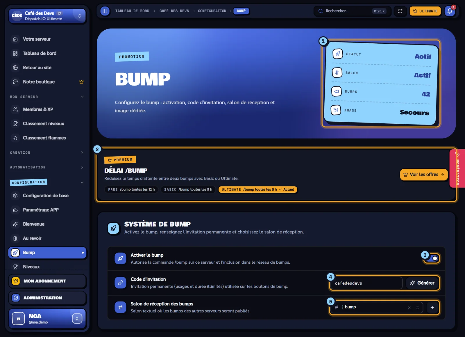 La page Bump du serveur Café des Devs. Page Bump avec les indicateurs, le bandeau du délai /bump et le système de bump