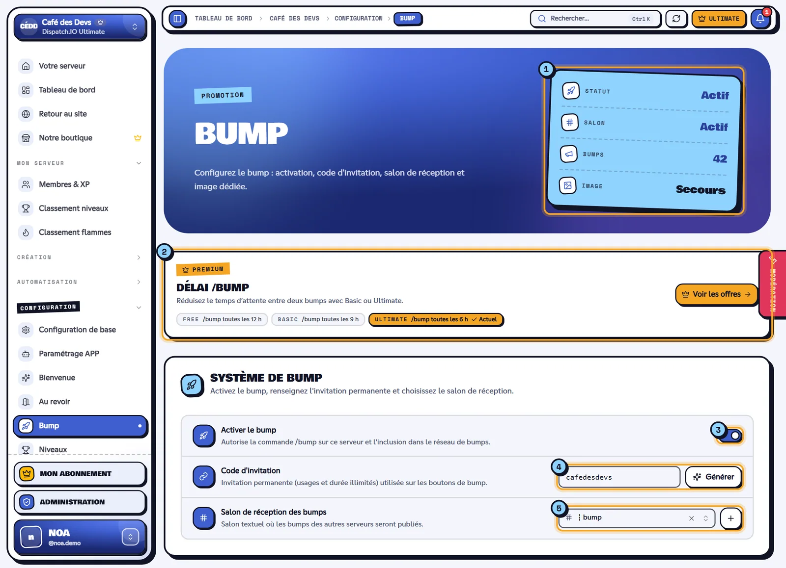 La page Bump du serveur Café des Devs. Page Bump avec les indicateurs, le bandeau du délai /bump et le système de bump