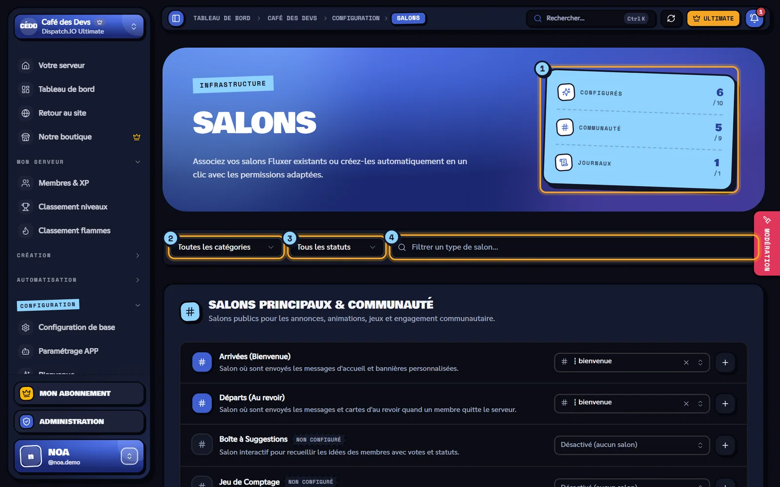 La page Salons du serveur Café des Devs. Page Salons avec les indicateurs, les filtres et les premiers types de salons