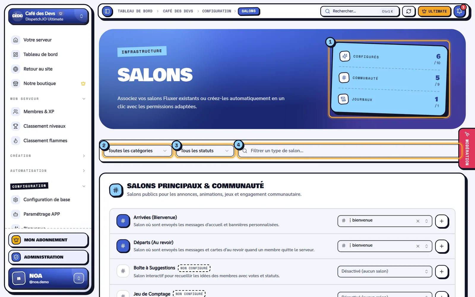 La page Salons du serveur Café des Devs. Page Salons avec les indicateurs, les filtres et les premiers types de salons