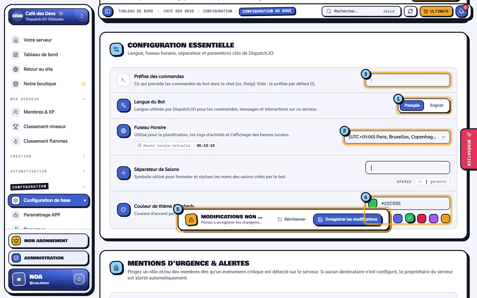 La couleur vient d'être changée : la barre d'enregistrement apparaît en bas. Bloc Configuration essentielle avec la langue, le fuseau horaire, le séparateur et la couleur