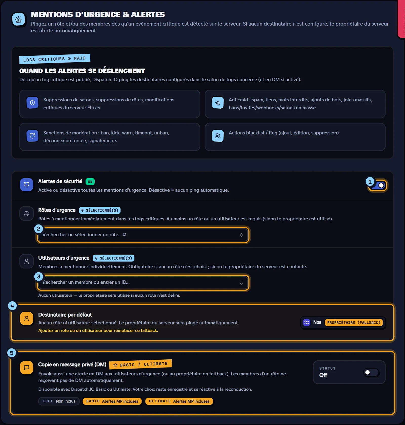 Aucun destinataire choisi : le propriétaire du serveur est prévenu par défaut. Bloc Mentions d'urgence & alertes avec les rôles, les utilisateurs et la copie en message privé