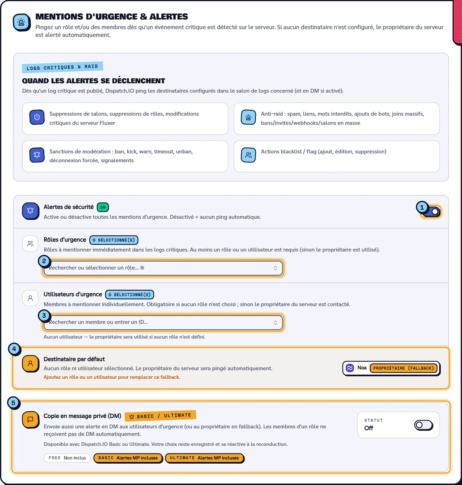 Aucun destinataire choisi : le propriétaire du serveur est prévenu par défaut. Bloc Mentions d'urgence & alertes avec les rôles, les utilisateurs et la copie en message privé