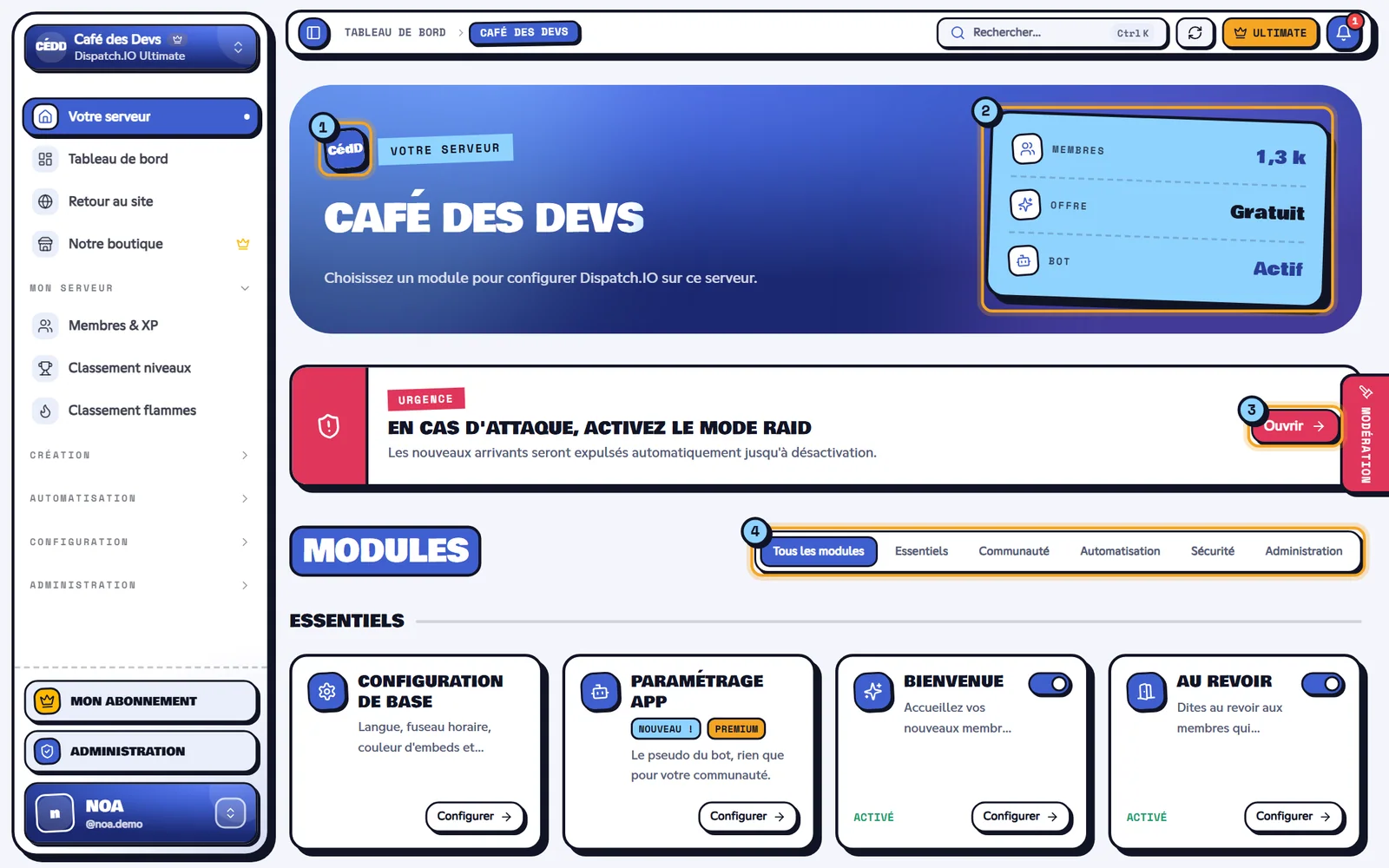 L'accueil d'une communauté sur le tableau de bord : chaque tuile ouvre la page d'un module. Accueil de la communauté Café des Devs sur le tableau de bord, avec les modules