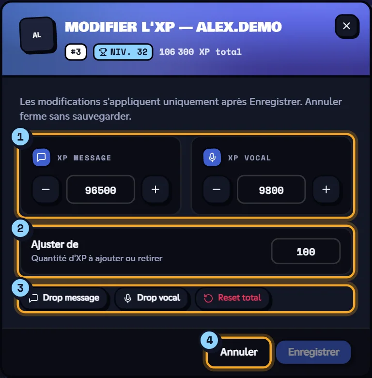 Fenêtre Modifier l'XP avec l'XP message, l'XP vocal et les boutons de remise à zéro