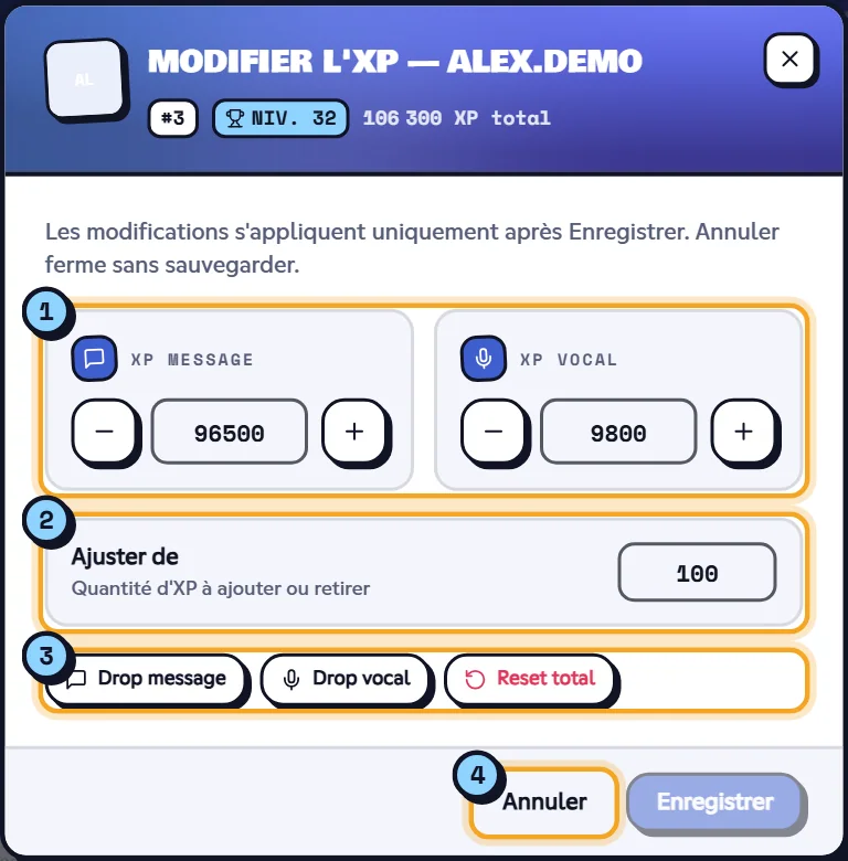 Fenêtre Modifier l'XP avec l'XP message, l'XP vocal et les boutons de remise à zéro