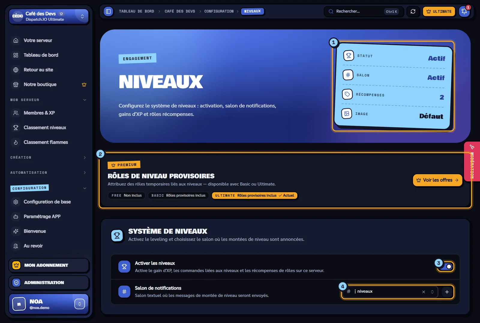 Page Niveaux avec les indicateurs, le bandeau premium et le système de niveaux