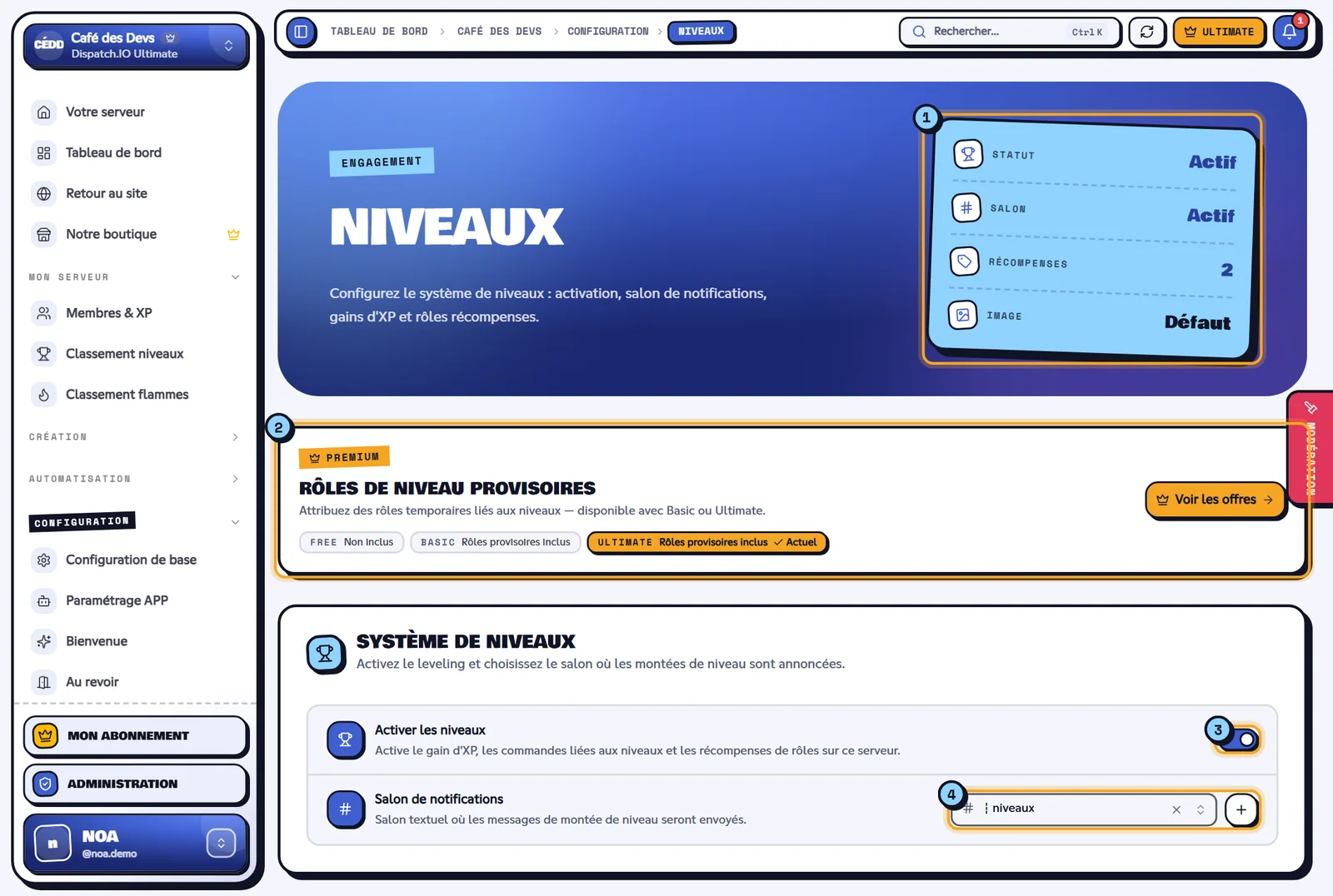 Page Niveaux avec les indicateurs, le bandeau premium et le système de niveaux