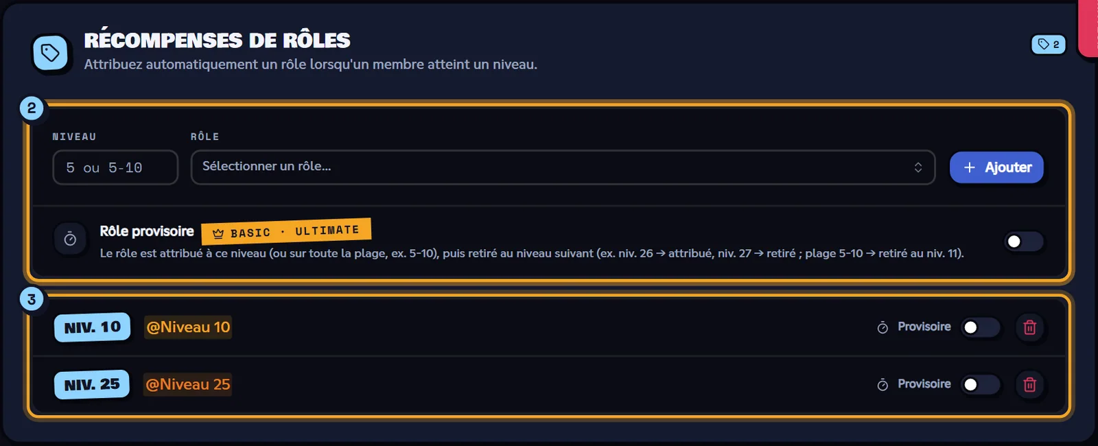 Bloc Récompenses de rôles avec les récompenses aux niveaux 10 et 25 et l'option Rôle provisoire