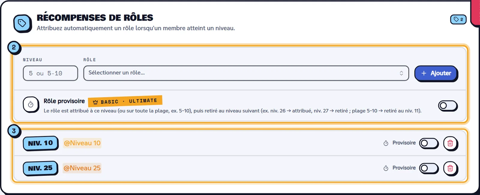 Bloc Récompenses de rôles avec les récompenses aux niveaux 10 et 25 et l'option Rôle provisoire