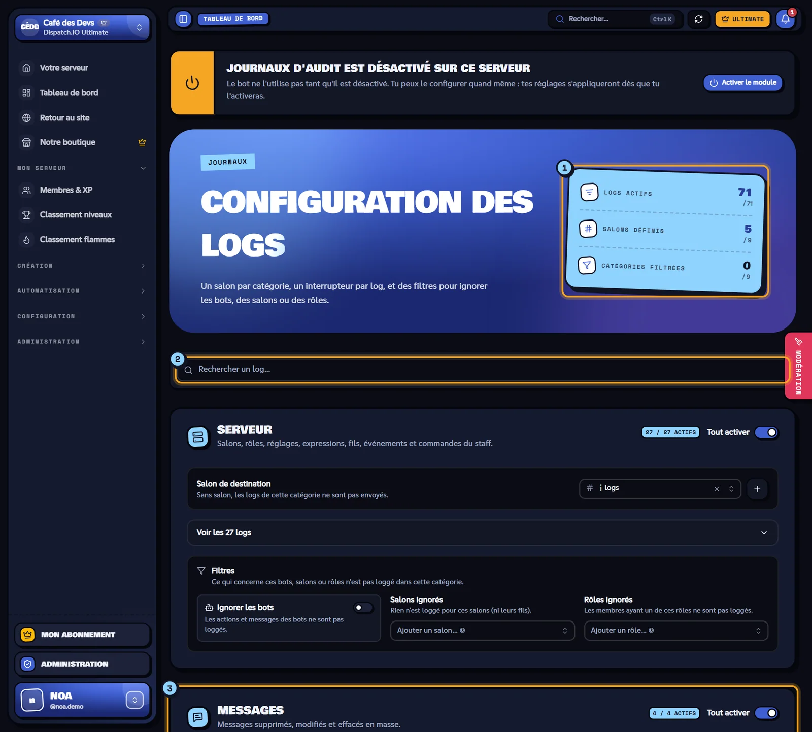 Page Configuration des logs avec les indicateurs, la recherche et la carte Messages