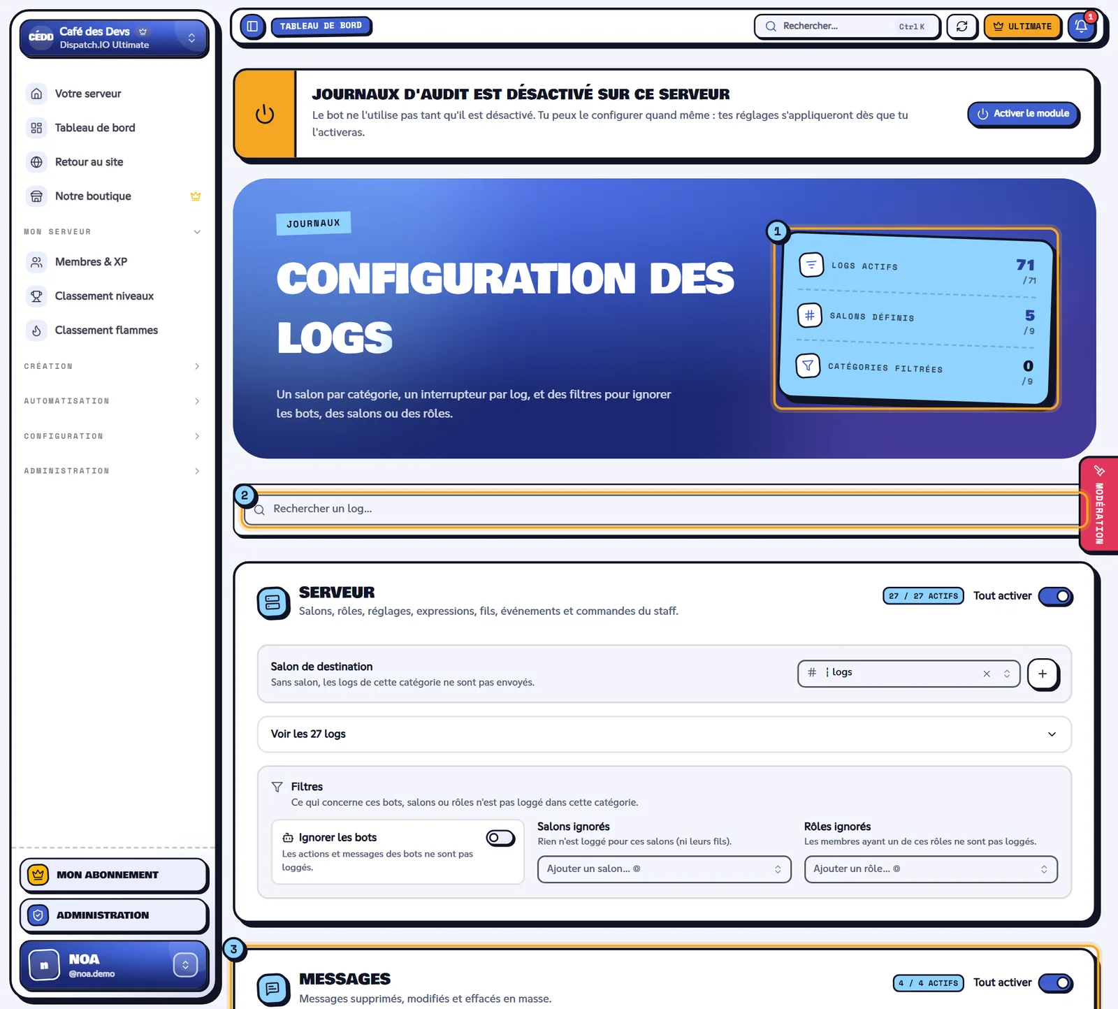 Page Configuration des logs avec les indicateurs, la recherche et la carte Messages