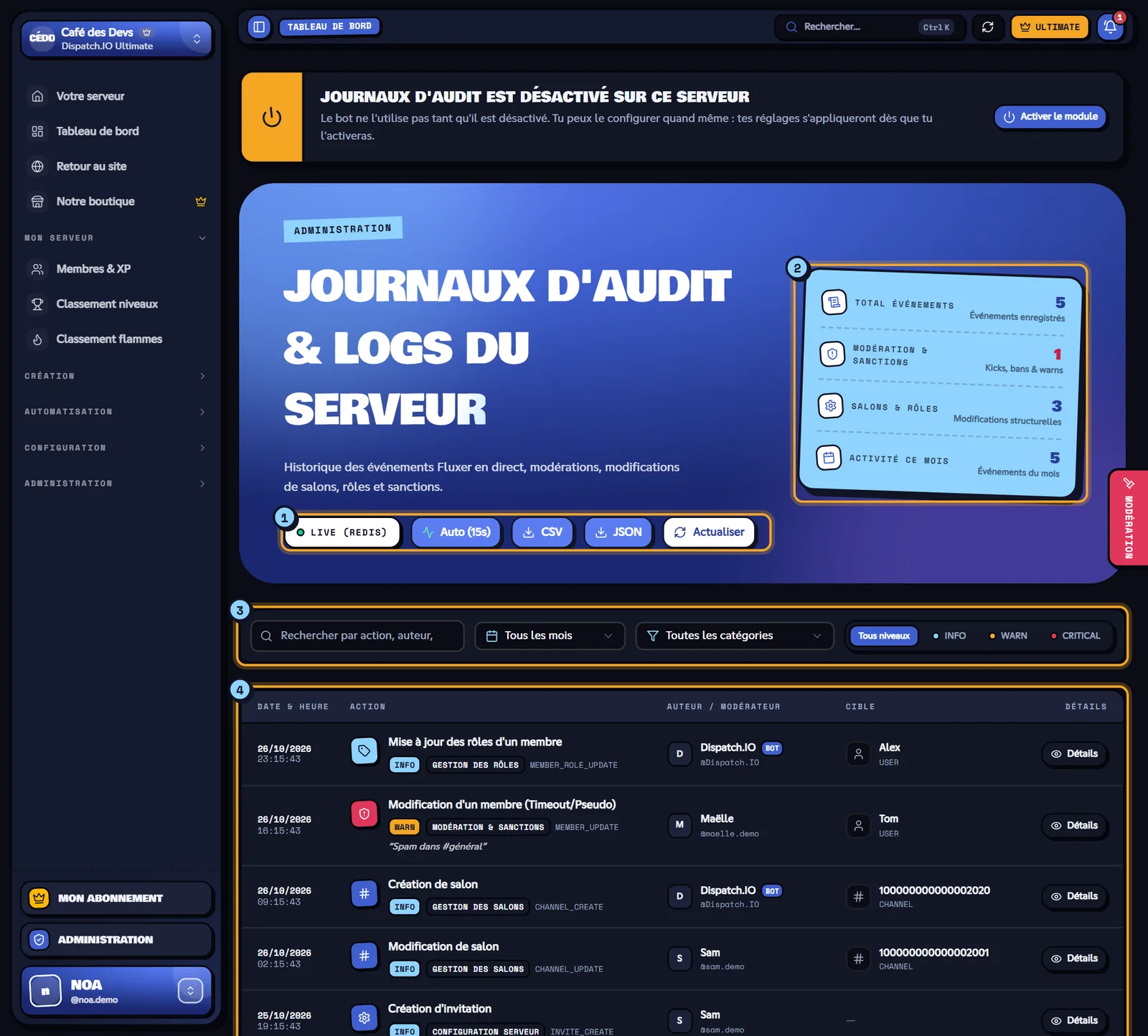 La page Journaux d'audit Fluxer. Page Journaux d'audit Fluxer avec plusieurs événements