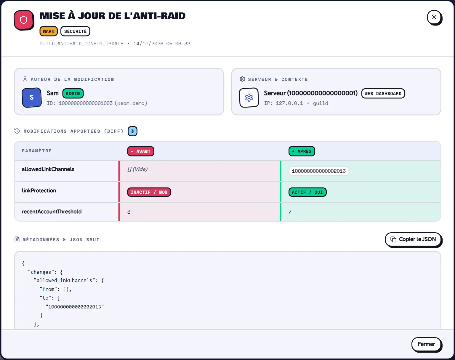 Le détail d'une modification : qui, quoi, avant et après. Fiche d'une modification de configuration avec le diff avant / après