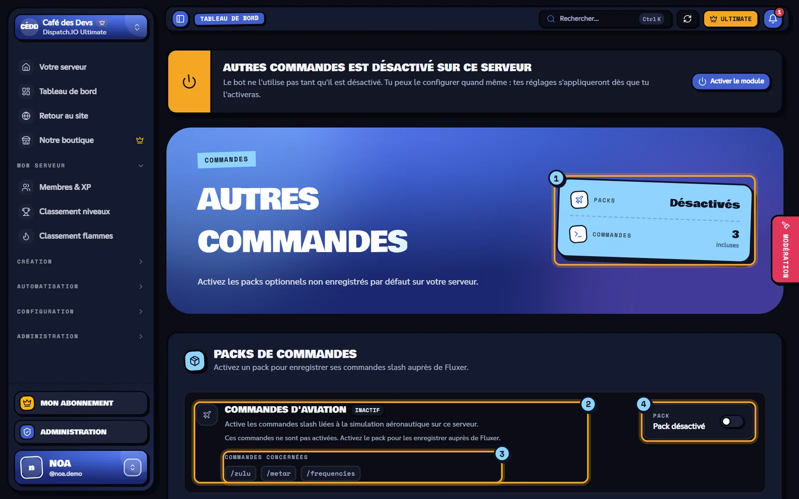 Page Autres commandes avec le pack Commandes d'aviation
