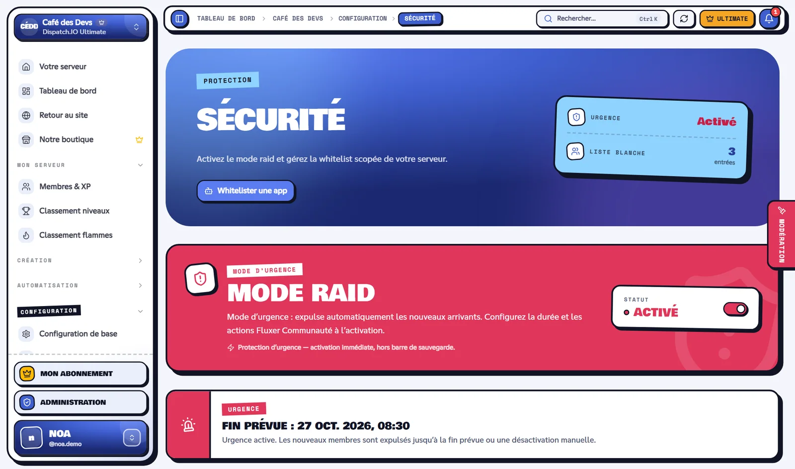 Mode raid actif : le bloc devient rouge et affiche la fin prévue. Page Sécurité avec le mode raid activé