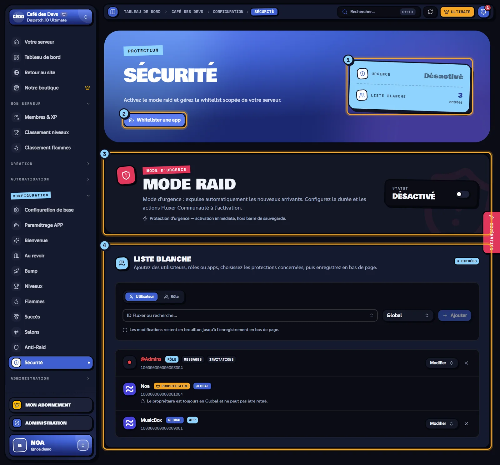 La page Sécurité du serveur Café des Devs. Page Sécurité avec le mode raid désactivé et la liste blanche