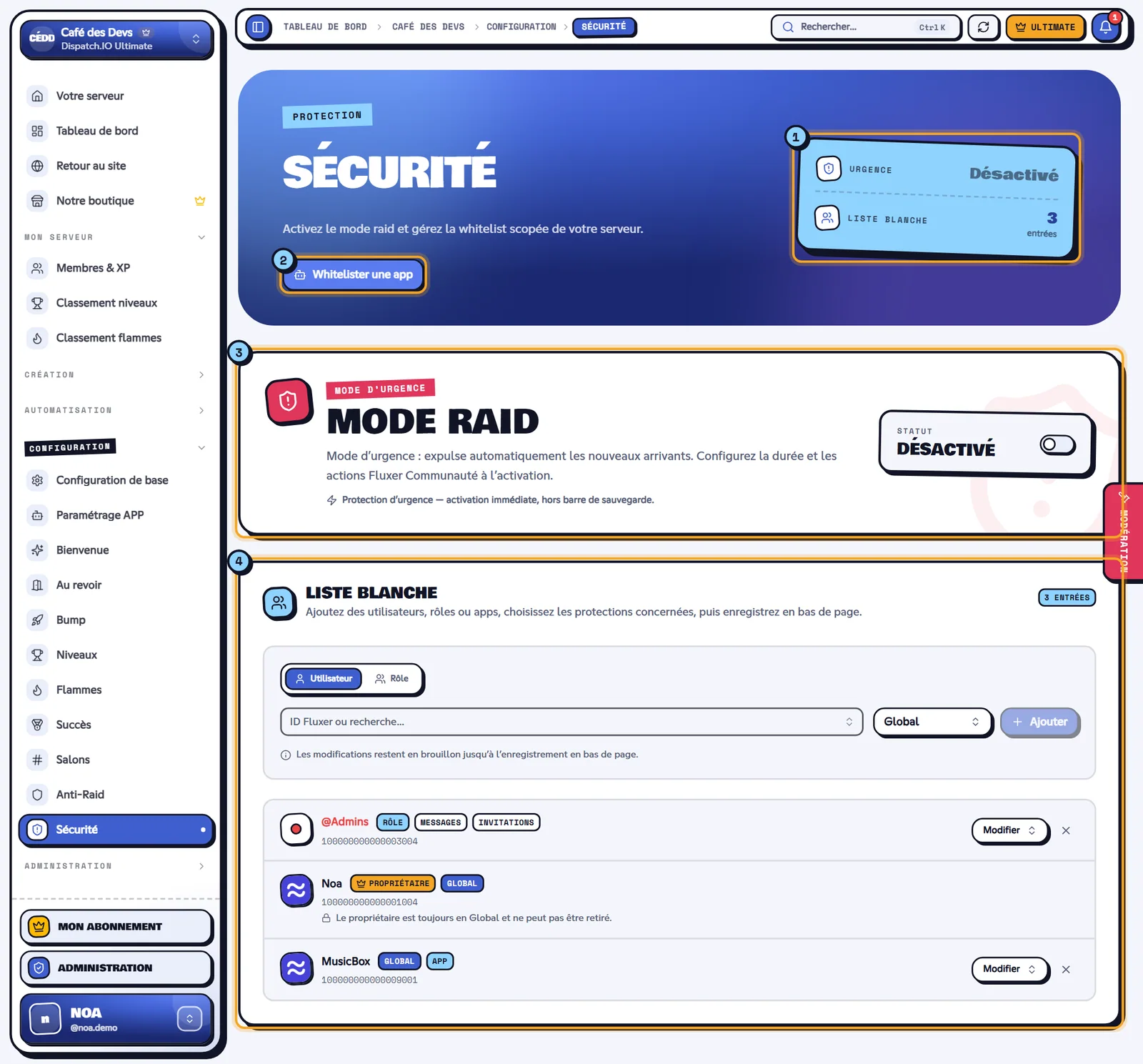 La page Sécurité du serveur Café des Devs. Page Sécurité avec le mode raid désactivé et la liste blanche