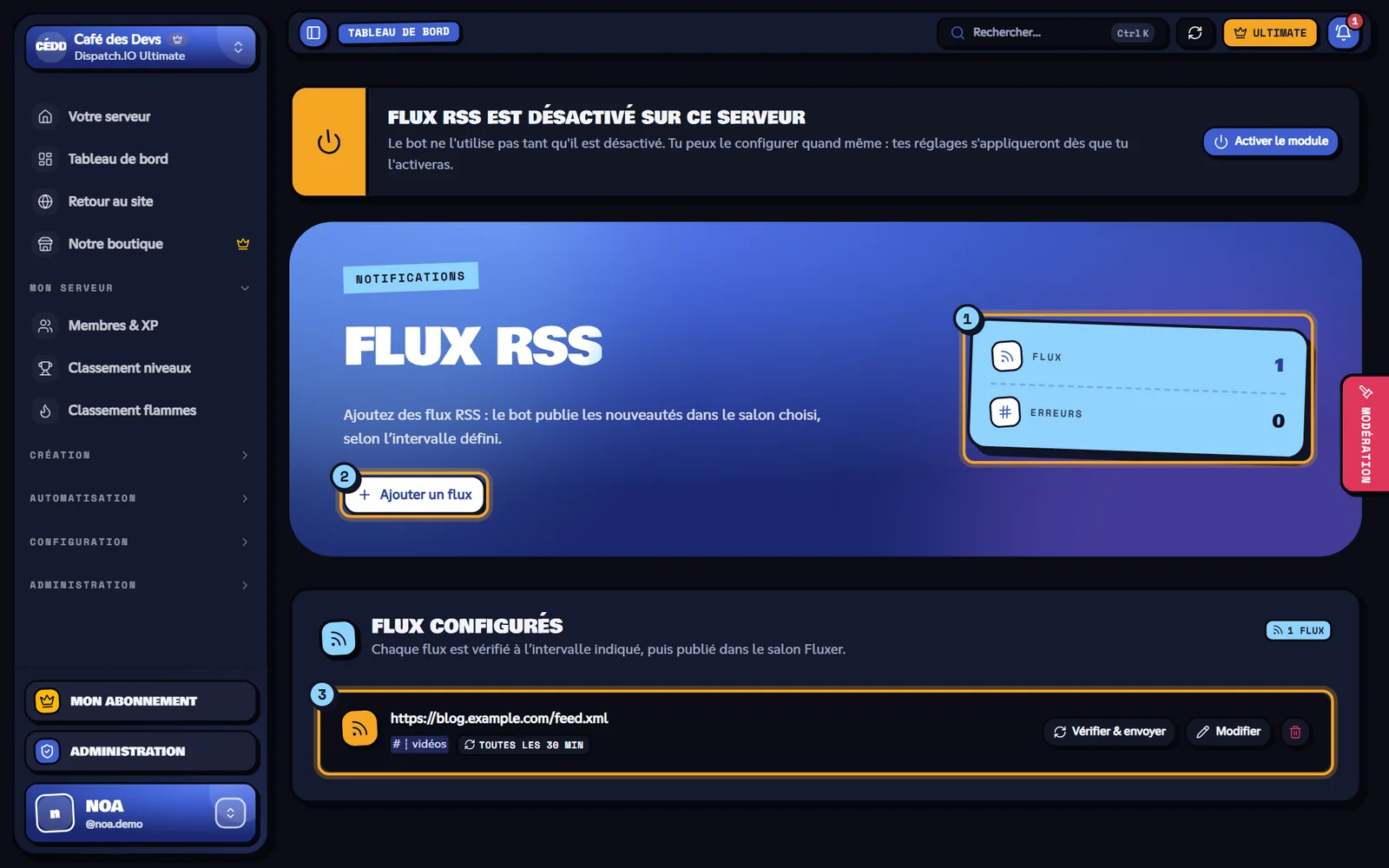 La page Flux RSS. Page Flux RSS avec un flux configuré
