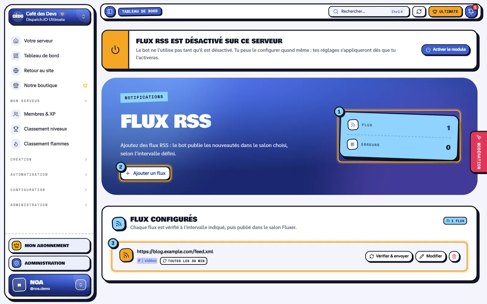 La page Flux RSS. Page Flux RSS avec un flux configuré