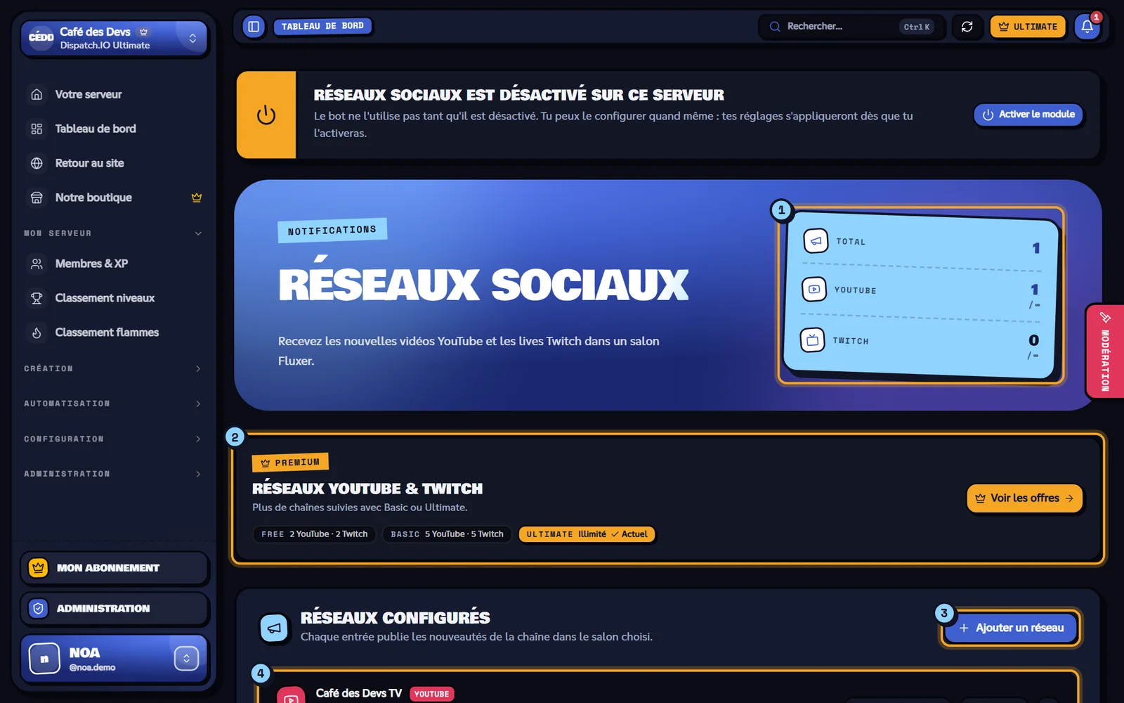 La page Réseaux sociaux du serveur Café des Devs. Page Réseaux sociaux avec la chaîne YouTube Café des Devs TV