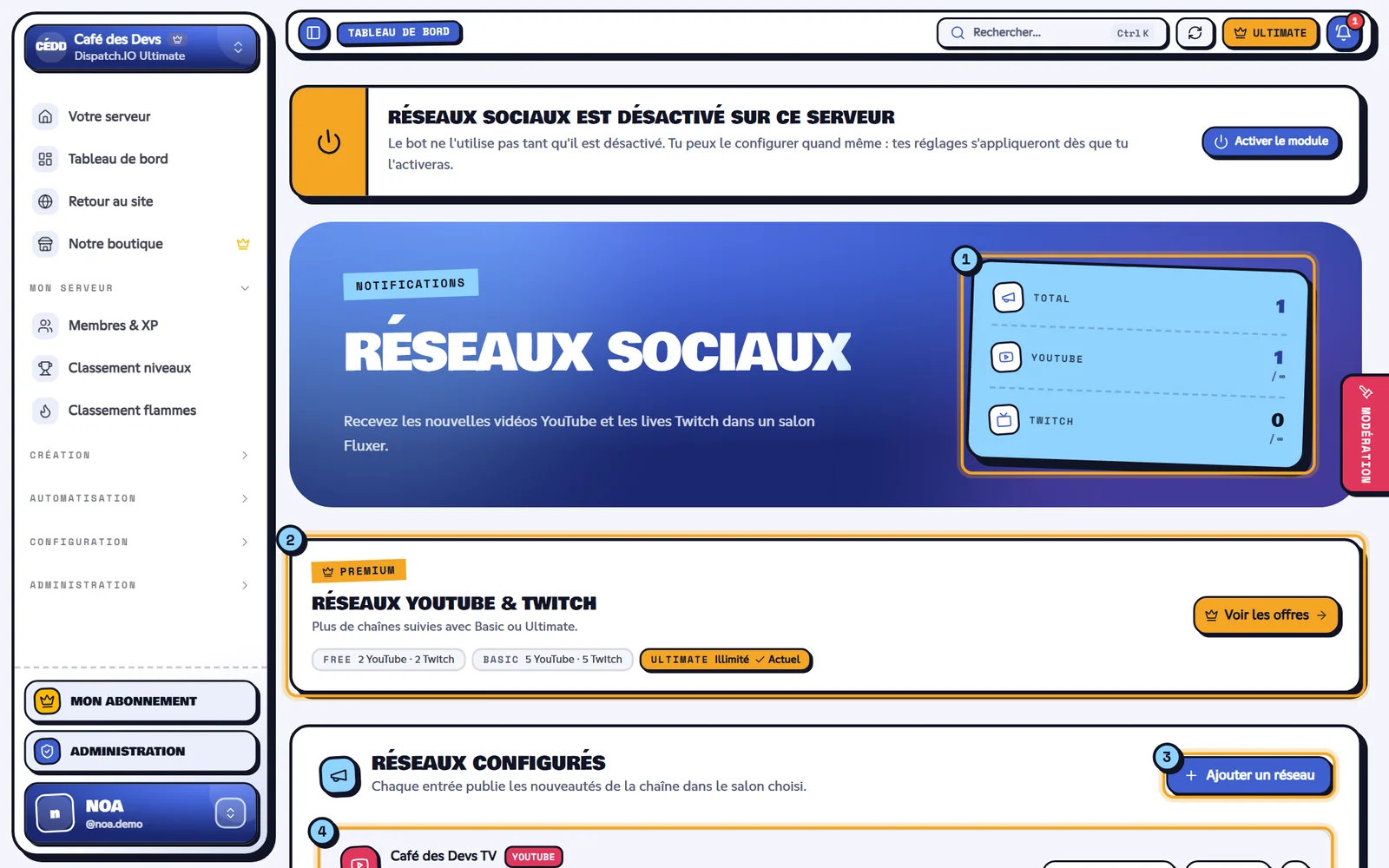 La page Réseaux sociaux du serveur Café des Devs. Page Réseaux sociaux avec la chaîne YouTube Café des Devs TV