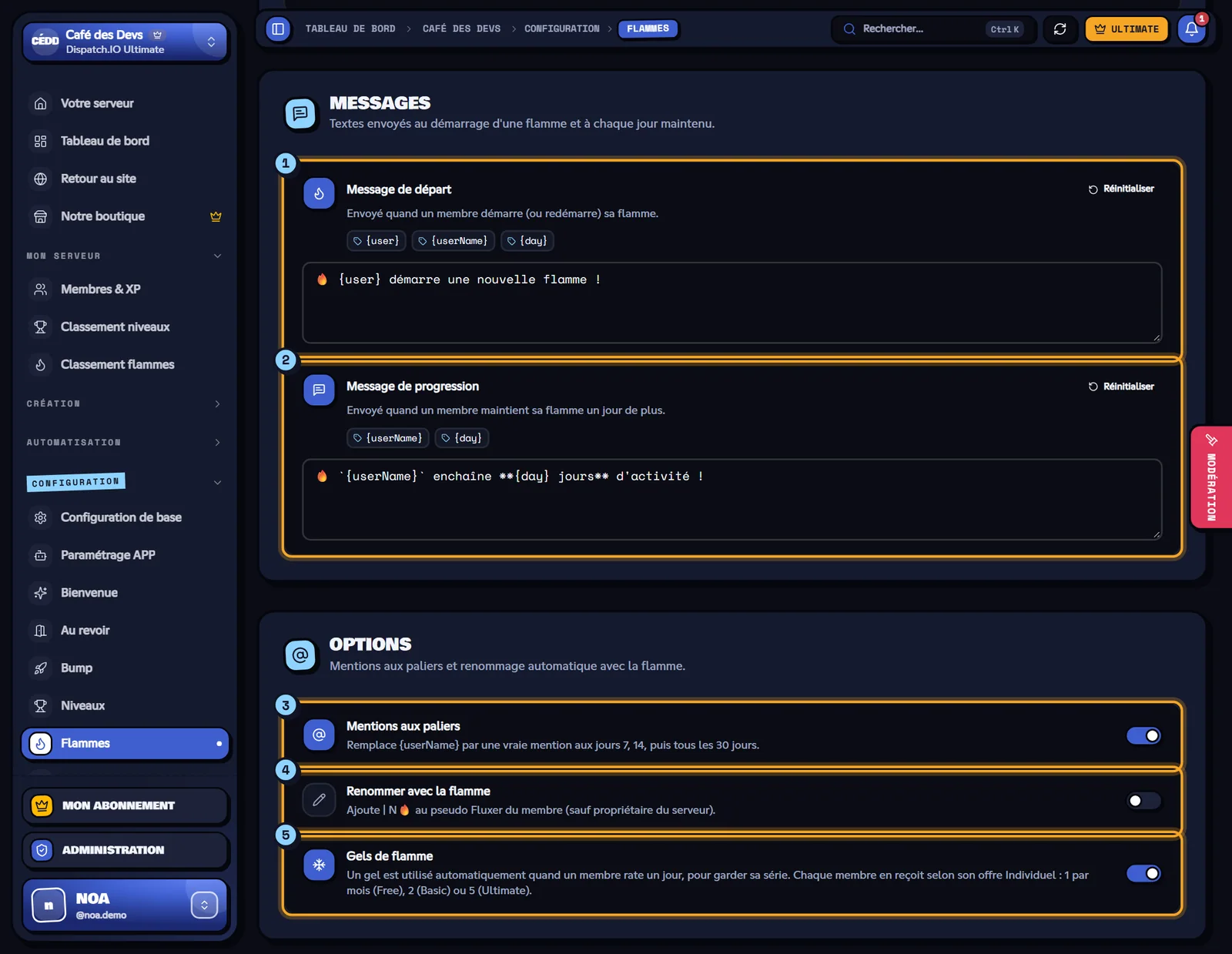 Les deux messages et les trois options. Blocs Messages et Options de la page Flammes